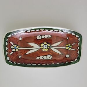 Vintage Hebron Art Pottery Hand painted Butter Dish Signed 7.5x4"